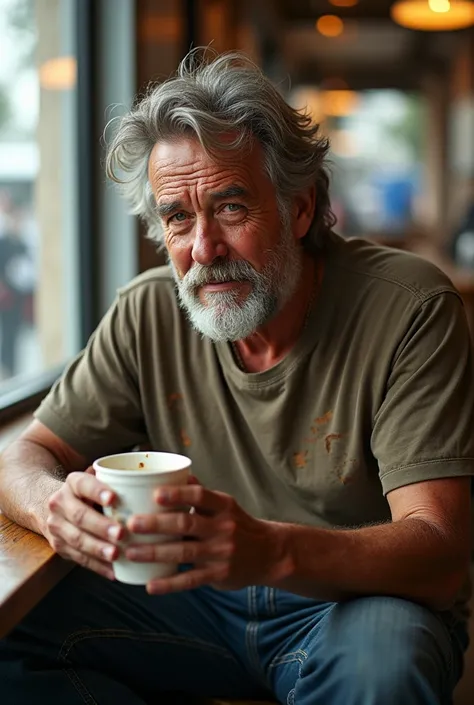 Seated man dressed in a t-shirt with holes drinking coffee in a disposable profile cup