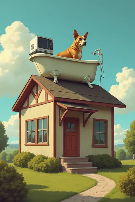 A house with a microwave on the roof and a bathtub also on the roof and inside the bathtub a dog 