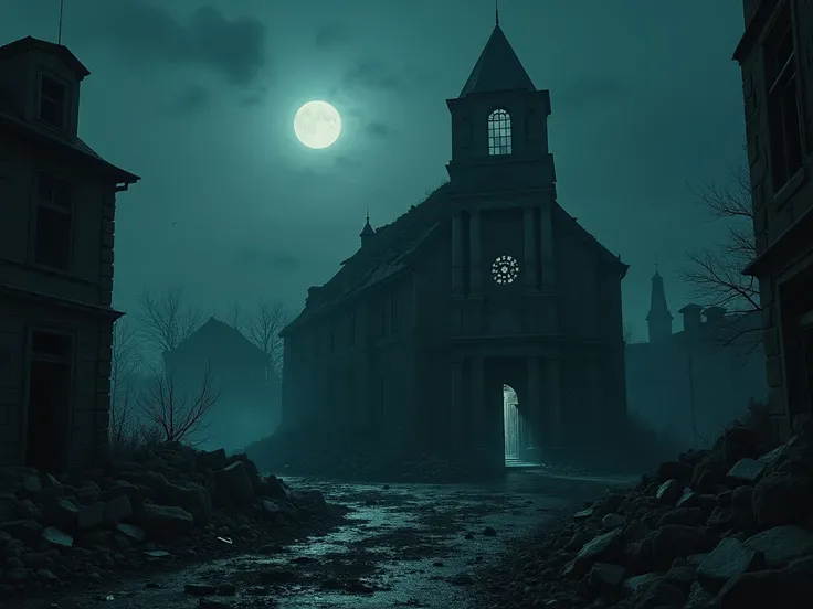 A war-torn city at night, shrouded in a somber and eerie atmosphere. The central focus is a partially destroyed church, its crumbling walls and shattered stained-glass windows faintly illuminated by the pale glow of the moon. The surrounding cityscape is f...