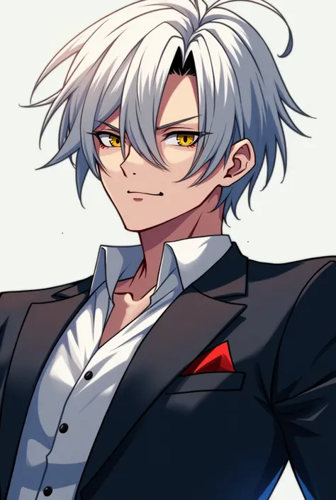 A handsome anime guy with white hair and a small black part, aged 25 with a mean look and wearing a stylish suit
