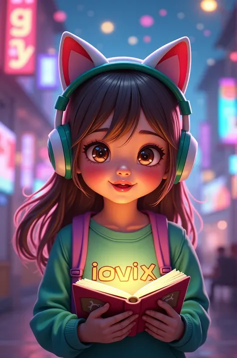  eight years old,  long brown hair and pink locks .  Light brown eyes that show joy and humility, wearing green and white headphones shaped like a cat on the head. Green and purple sweatshirt written  "Jovix".  She is holding an illuminated book , In a gam...