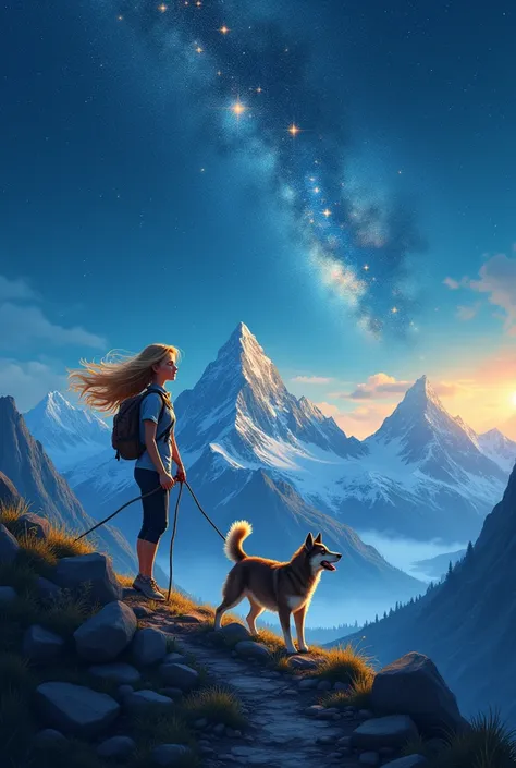 Woman with dog hiking in mountains 7nd stars trickling from the sky1 Mädchen,  blonde hair , Zoom layer, Zoom layer, 