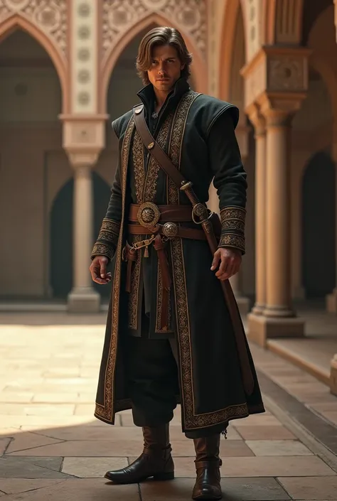 "A highly detailed full-body portrait of Leon S. Kennedy from Resident Evil wearing traditional Ottoman-style clothing inspired by Bali Bey Malkoçoğlu from Magnificent Century. Leon has his iconic light brown, swept-over hairstyle and a confident, heroic e...