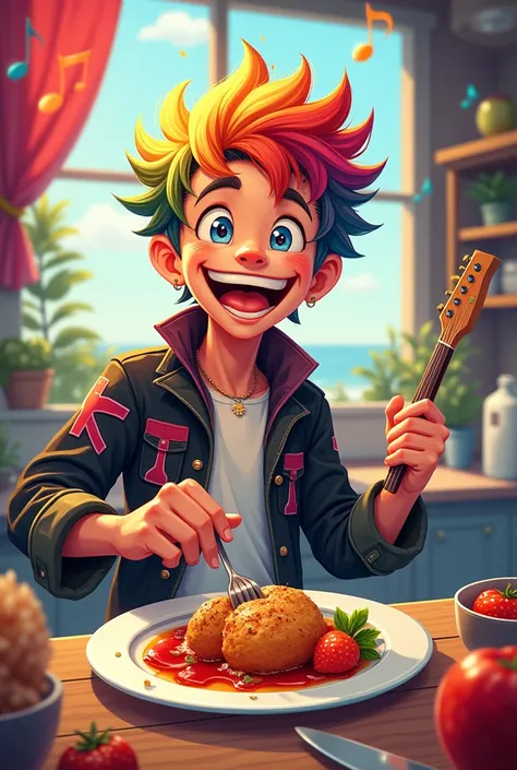 Create an illustration of a happy and friendly rocker boy cooking with a plate