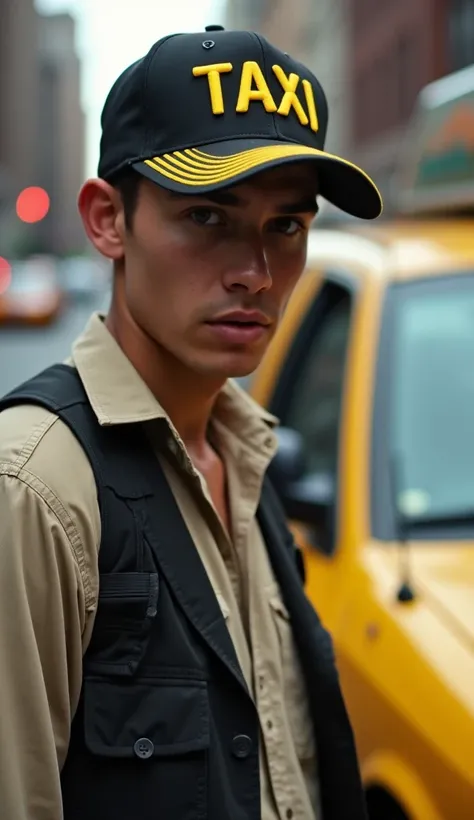 The image is a high-resolution, candid photograph of a rough-looking young man standing next to the taxi. He has light skin and a focused expression. He wore a beige shirt with a black vest, and a black and yellow baseball cap with the words TAXI prominent...