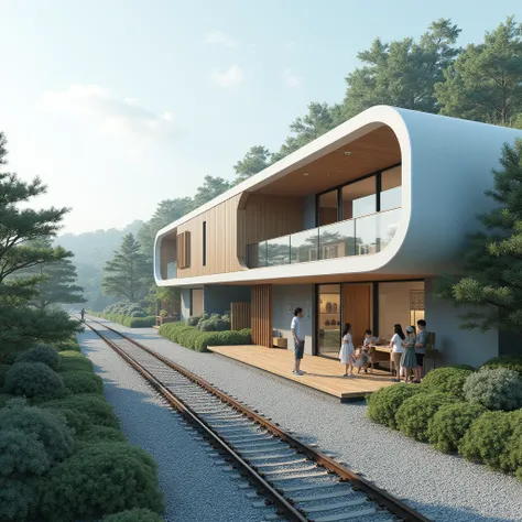 A modern building combining a train station and a house
Where the train arrives
There are also passengers
Japan