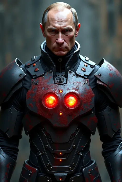  Make Vladimir Putin wearing dark cybernetic armor in the colors of Russia,  hes totally serious with blood staining his armor, He has two magic stones on his chest of armor ,  a blue one and a red one 