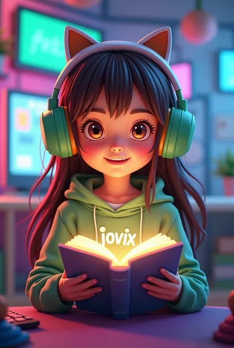  eight years old,  long brown hair and pink locks .  Light brown eyes that show joy and humility, wearing green and white headphones shaped like a cat on the head. Green and purple sweatshirt written  "Jovix".  She is holding an illuminated book , In a gam...