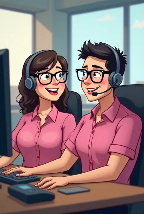 Chat create an image of a chubby white woman with dark-haired glasses and a telemarketing phone together with her dark-haired dark-haired male friend with a telemarketing headset both wearing a pink shirt 