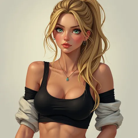  Create a blonde girl with an athletic body curpulent on her arms ,with a black top with sleeves rolled up to the elbows , sexy, beautiful, green eyes,  to mark her nipples and with her hair with a ponytail Big breasts, breasts, breasts, shy, with the slee...