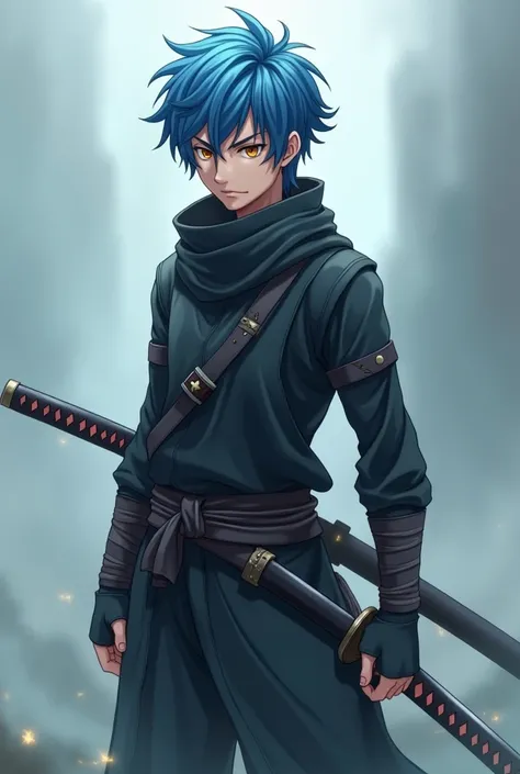 Anime-like image of a 35-year-old boy with short blue hair and a ninja outfit and a katana 