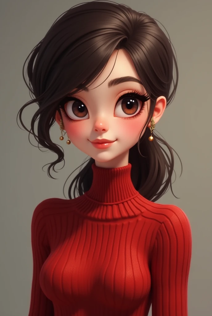 An avatar that looks like a character, with dark brown hair,  big eyes with lashes and almond-colored eyes , cute nose ,  with little blush on the cheeks and aesthetic nose ,  marked collarbones and a body as if without breasts,  very small waist ,  and a ...