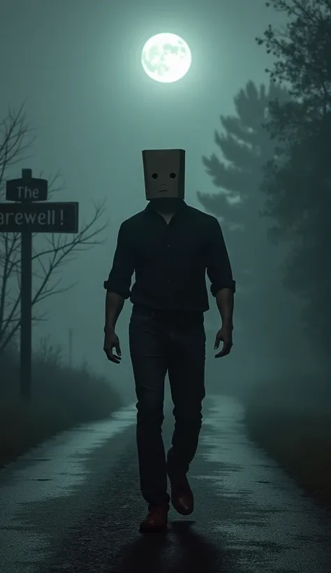 " create an image in 9 :16 depicting Billy ,  the masked character of the Forbidden Door . he is standing,  with back to the camera ,  walking towards a dark and deserted road in ,  wrapped in fog .  The light of the full moon softly illuminates the scene ...