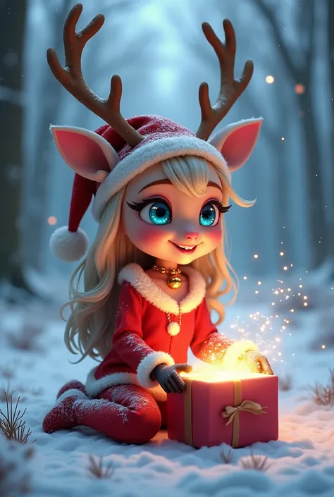 Harley Quinn (with long wavy blonde hair in twintails with pink and blue highlights and blue eyes) as a Christmas reindeer, (deer fur, large deer teeth, deer ears, deer antlers, enlarged body, deer nose, deer hooves, sitting in the snow (with an opened pre...