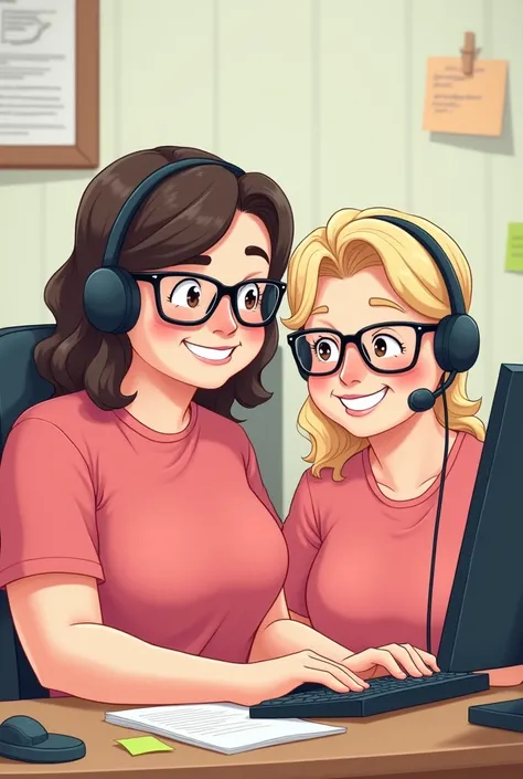 Chat create an image of a chubby white woman with dark-haired glasses and a telemarketing phone together with her dark-haired but light-haired male friend with a telemarketing phone of both of them wearing pink shirts 