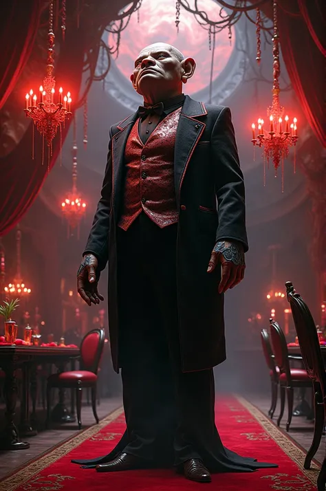 A towering figure with a bulbous, pulsing head and elongated torso, boasting an extra segment of flesh that sprouts a second chest and pair of arms, clad in a gaudy, black velvet suit with a crimson shirt and a patterned waistcoat, stands at the entrance o...