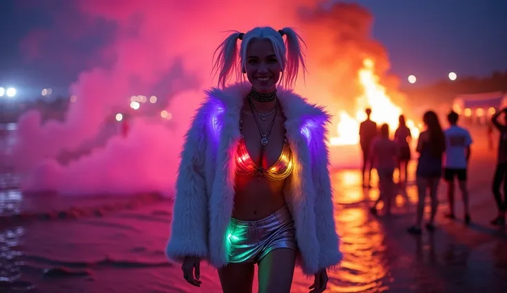 (((half body)))"5s, (((five women sitting on the beach. in front of a huge bonfire, its night))) on the beach, with WHITE hair with PURPLE AND ORANGE hair (((SMILING))), is wearing a (((very furry white sheepskin coat, over the bare torso, the body is full...