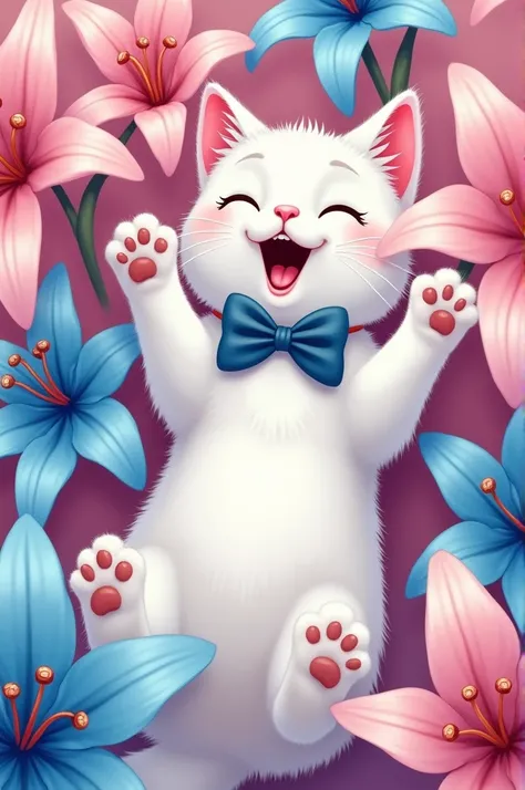 White cat in play position belly up,  with a bow tie around their neck , surrounded by some pink and blue lilies , Manga style 