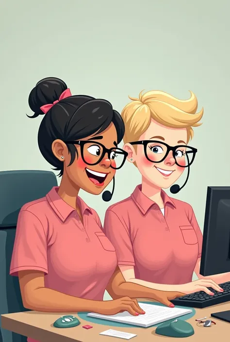 Chat create an image of a chubby white woman with dark-haired glasses and a telemarketing phone together with her dark-haired but light-haired male friend with a telemarketing phone of both of them wearing pink shirts 