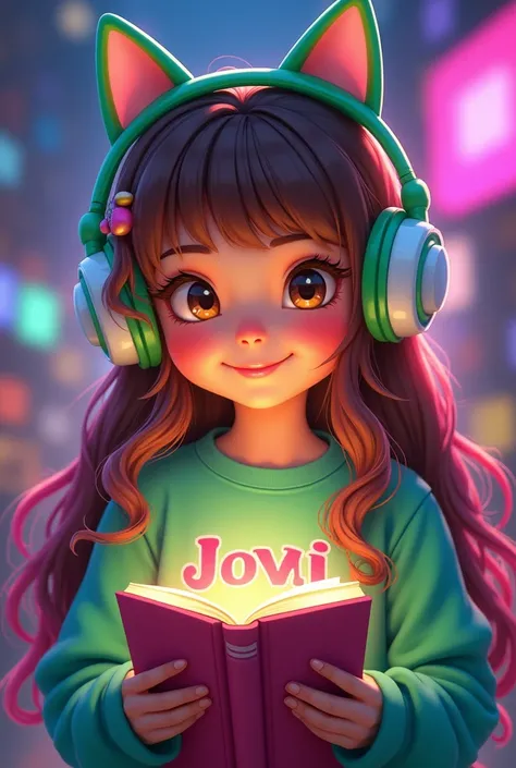  eight years old,  long brown hair and pink locks .  Light brown eyes that show joy and humility, wearing green and white headphones shaped like a cat on the head. Green and purple sweatshirt written  "Jovix".  She is holding an illuminated book , YouTube ...