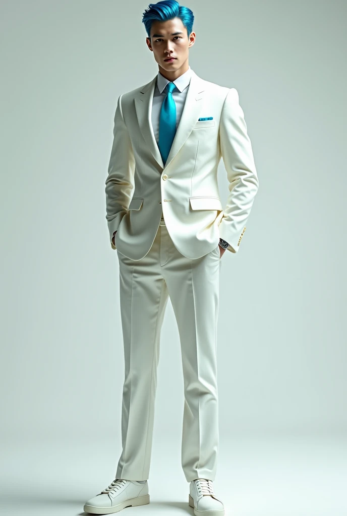 a tall man with white skin ,  blue hair and brown eyes in a white suit and a cyan tie