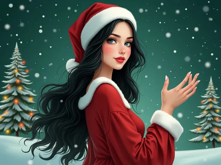  Realistic illustration of a beautiful woman with soft European features ..,  Long jet-black hair ,  pale white skin ,  small waist,  WIDE hips and detailed facial features .  Detailed lips , Blue eyes and face.  She wears a loose-fitting red long-sleeved ...