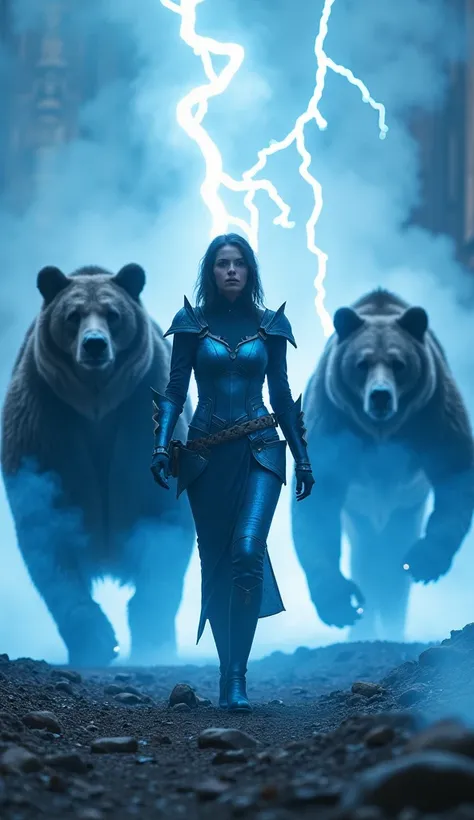 A hyper-realistic scene of a woman walking directly towards the camera, wearing a blue armor that gleams under the light. Behind her, two massive bears, larger than an average human, walk like bodyguards. The background is filled with light blue flames and...