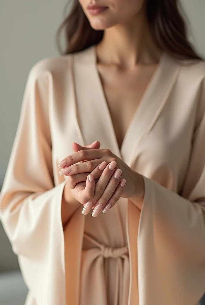 model dressed in nude tones with graduation dress, showing his hands, acrylic nails,