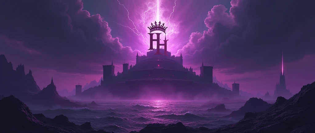  A dark themed background with a battle feel ,  With a majestic fortress and dramatic sky that looks stormy .  The neon purple light radiating from the horizon ,  gives a mysterious and powerful impression .
In the center of the banner ,  there is a logo H...