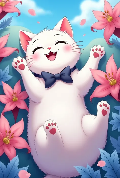 White cat in play position belly up, vista 3/4,  with a bow tie around their neck , surrounded by some pink and blue lilies , Manga style 