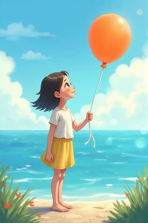 The  is a girl  ( under   ) .  Who 
holds a balloon by the sea and holds a balloon 