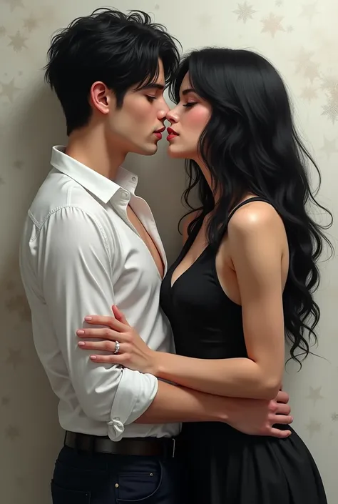 Realistic ART RPG . a handsome young man . white skin. Gray eyes .  medium black hair .  wearing an open white dress shirt.  Kissing a woman on the wall . Big black haired .  wearing a black dress .  full body image