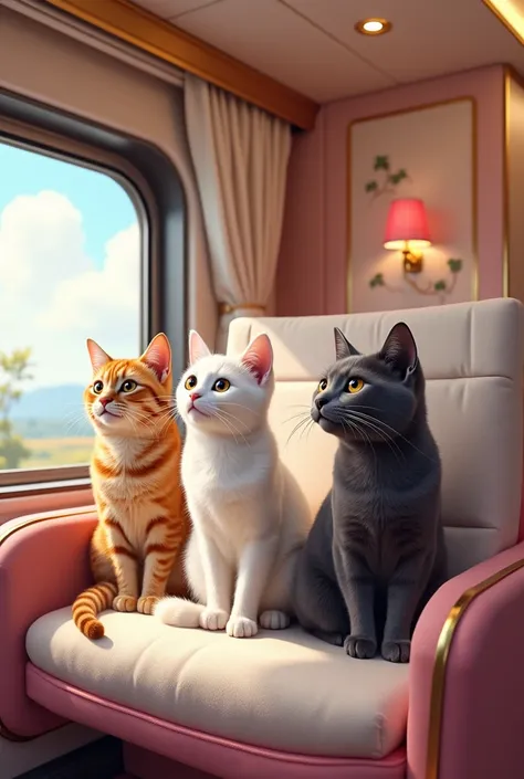 Here’s the detailed prompt for your image:

"The luxurious interior of a high-end train designed specifically for cats, featuring plush, fluffy pink-and-white seating that is incredibly soft and comfortable. Each seat is tailored to fit the cats, complete ...