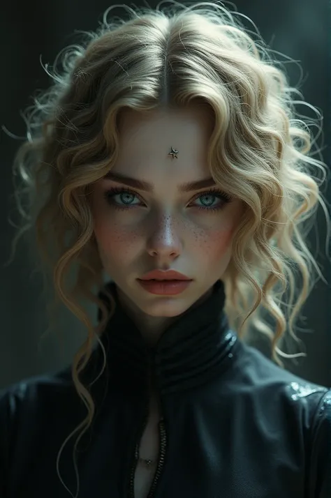 arcane girl dark blonde curly hair piercing on a face