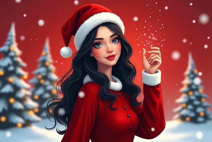  Realistic Illustration of a beautiful woman with soft European features ..,  Long jet-black hair ,  pale white skin ,  small waist,  WIDE hips and detailed facial features .  Detailed lips , Blue eyes and face.  She wears a loose-fitting red long-sleeved ...