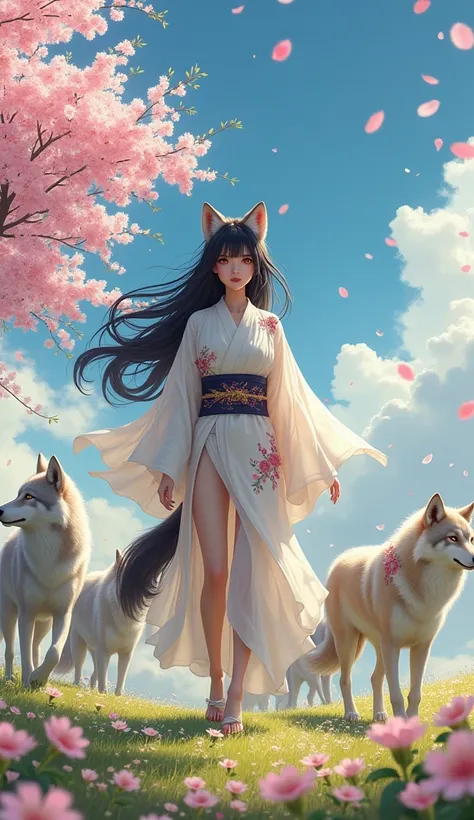  “An enchanting scene featuring a dazzling Japanese woman with wolf ears on top of her head and a long, graceful wolf tail,  walking peacefully with a pack of wolves in a lush flowery field during spring .  Her long and shiny hair , Black as night,  sways ...