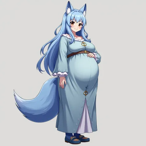 anime girl, long hair, big pregnant, brown eyes, very big breasts, very big belly , hyper-pregnant girl , the biggest belly , anime style, high resolution, blue hair, big breasts, hyper-pregnant girl with a big belly, blue hair, full height, smile, straigh...