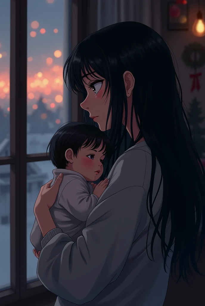  A woman with long black hair with bangs is sad, crying, looking out the window with her baby in her arms at Christmas 