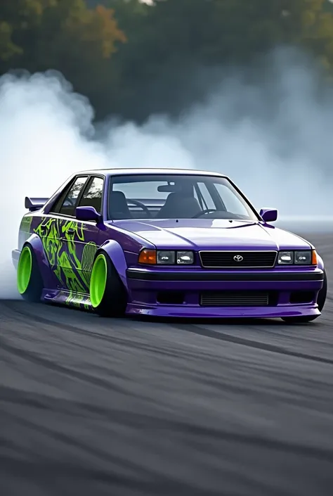 create a image of a slammed drifting purple 1989 toyota cressida with a lime green cyber sigilism design on the sides. 