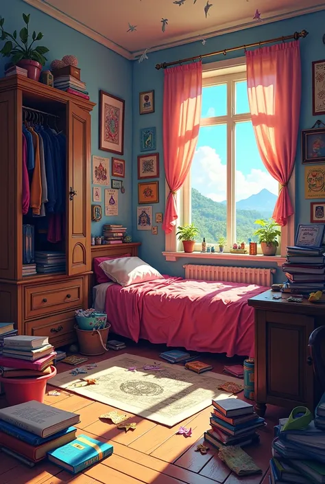  Generate me a big yellow bedroom of a young adult sorcerer , With a single bed undone in a corner . Ajoute vraiment beaucoup daffiches rigolotes,  sketches of comic characters and creatures hung in a disorganized manner.  Add a pile of books piled up on t...