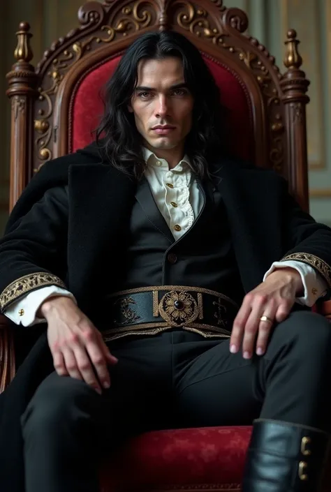  a king man sitting on a throne ,  is sitting very relaxed and powerful ,  he is a black-haired man with a lock in front of him,  She has gray eyes ,  dressed in a royal period costume ,  cold vampire environment , handsome,  with a marked jaw , attractive...