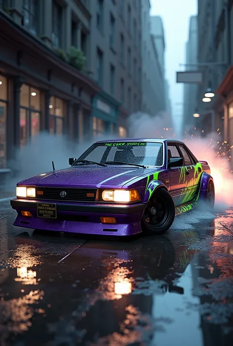 create a image of a slammed drifting purple 1989 toyota cressida with a lime green cyber sigilism design on the sides. make the car crash into a pole