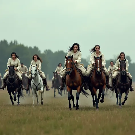 A female cavalry unit is riding a charge against an enemy across a field. The female horse-riders are between 18 and 21 years old, European women. All are dressed in riding dresses: white, tight-fitting riding leggings, white tight-fitting, long-sleeved to...