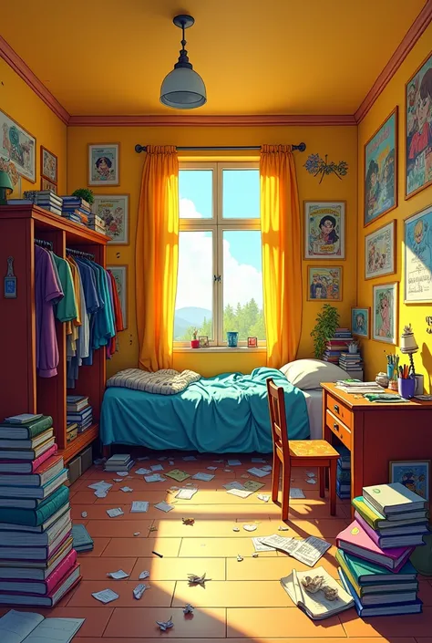  Generate me a big yellow bedroom of a young adult sorcerer , With a single bed undone in a corner . Ajoute vraiment beaucoup daffiches rigolotes,  sketches of comic characters and creatures hung in a disorganized manner.  Add a pile of books piled up on t...