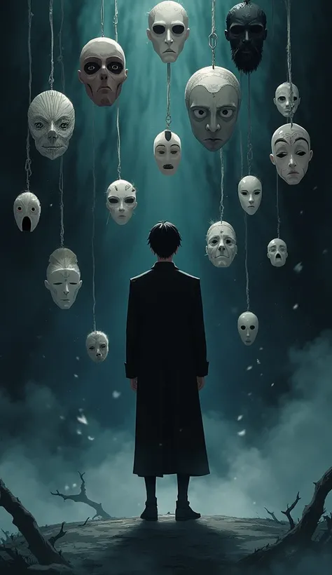 Create an anime image of a man with black hair standing and surrounded by masks with different faces in the dark.