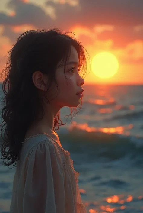 A girl with tears in her eyes at the sea sees the sunset 