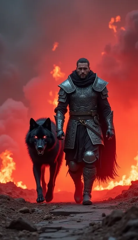 A hyper-realistic scene of a male warrior wearing dark silver armor, adorned with intricate engravings that emit a soft crimson glow. He walks directly toward the camera with a powerful, commanding presence. Behind him, a colossal black wolf, larger than a...