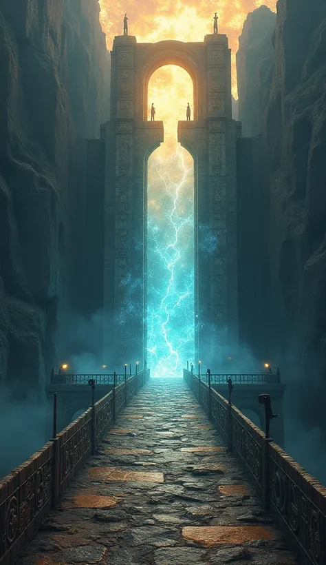 Bridge to another dimension :  An ancient bridge that connects two worlds ,  one dark and the other bright ,  with interdimensional energy flowing through it.
