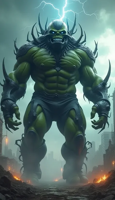 Here’s a detailed prompt for a hybrid fusion of the Hulk and an alien:  

"A monstrous hybrid fusion of the Hulk and a biomechanical alien towers in a desolate, war-torn landscape under a stormy, otherworldly sky. The creatures massive, hulking frame is a ...