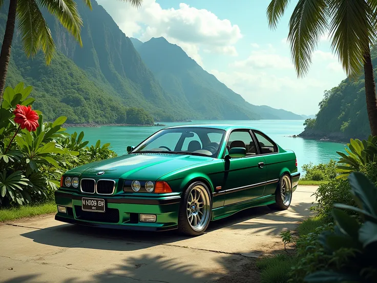 show me bmw e36 green with indonesia number plat N 1009 BH with view flores